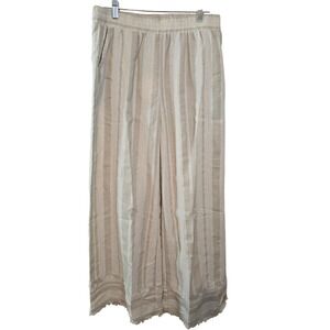 Umgee Linen Blend Wide Leg Striped Pants Pockets Boho Raw Hem K9288-P Womens L